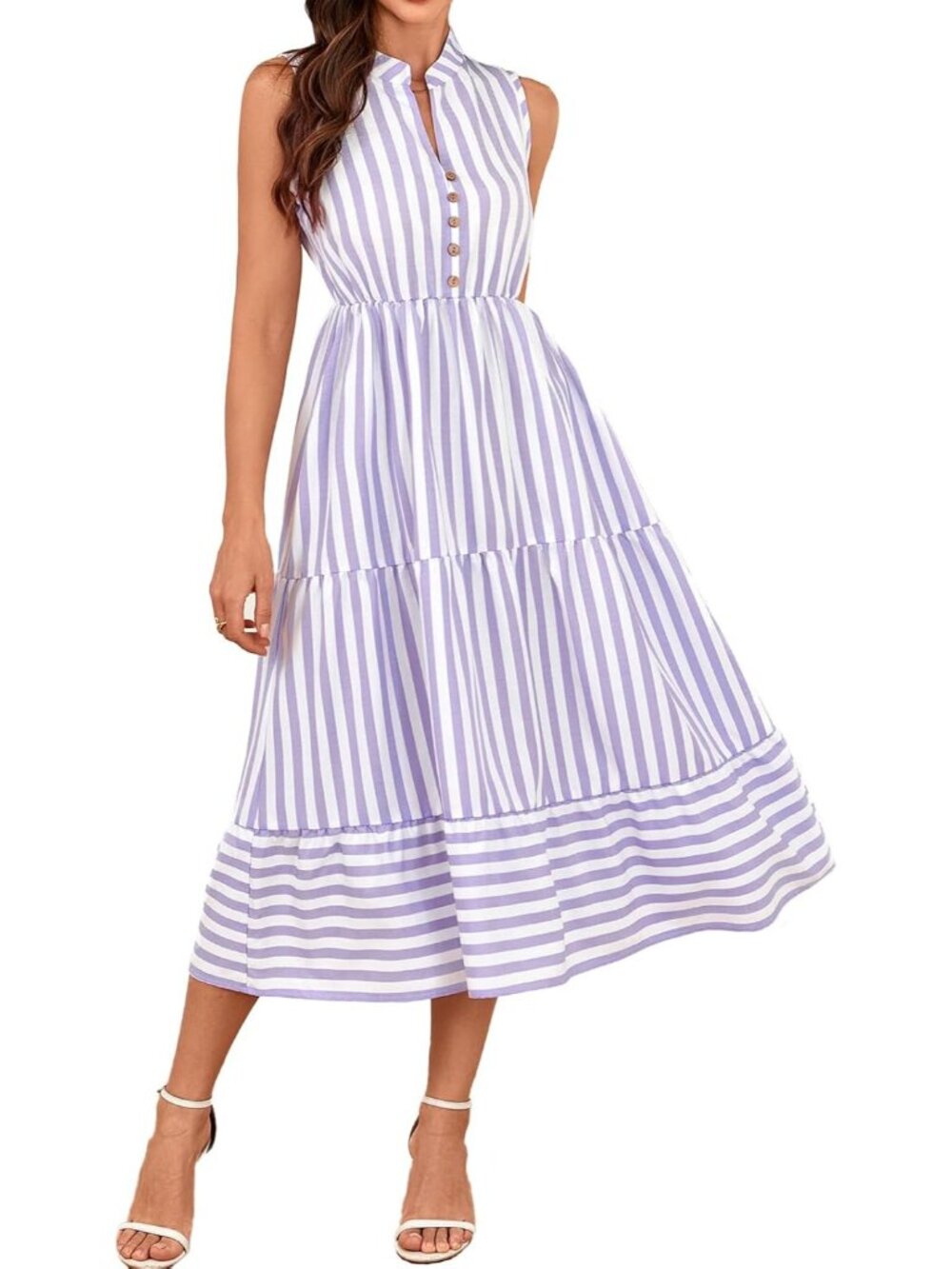 Women's Purple Summer Sleeveless Shirt Dress Collar Striped V Neck Casual Midi